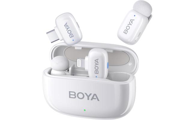 BOYA Mini Wireless Microphone for iPhone/Android/PC/Tablets with USB C/Lightning Plug, MFi Certified, Noise Reduction, AI Voice Changer, 30H Battery Life with Charging Case for Video Recording Podcast - White
